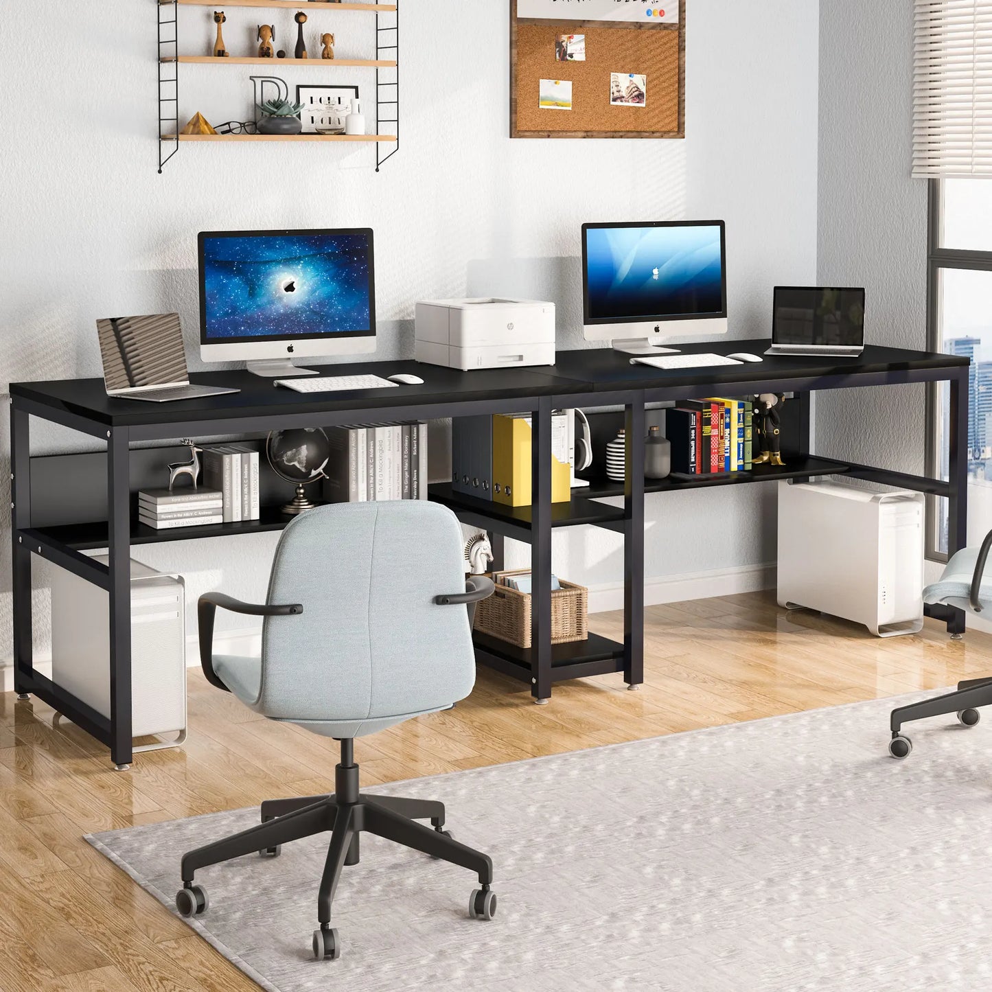Tribesigns Two Person Desk with Bookshelf, 78.7 Computer Office Double Desk for Two Person, Rustic Writing Desk Workstation