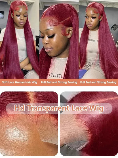 Bone Straight Human Hair Wigs Burgundy 13x6 Hd Lace Frontal Human Hair Wig 99j 13x4 Hd Lace Wigs 200% High Density 36 Inch