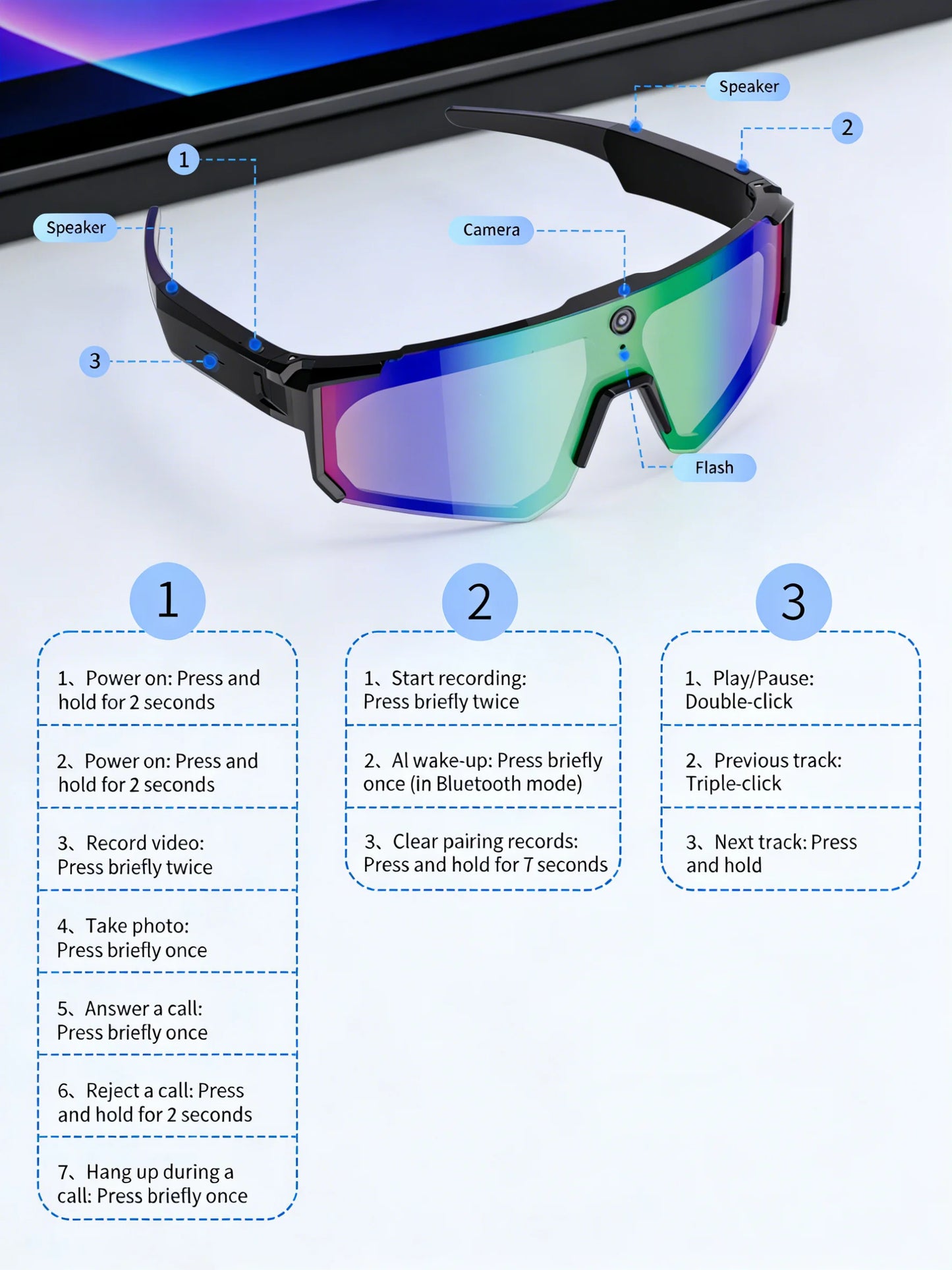 Smart Video Sunglasses 1200P 30fps Action Camera 32GB WiFi App Transfer Dual Anti-Shake AI Object Identify Fast Charge Glasses