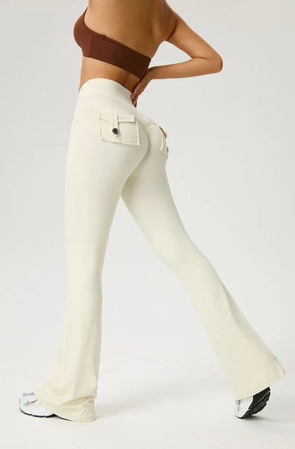 Women's Flared Pants Yoga Leggings Bell-bottoms Tight Elastic Breathable Sports Pants Back Waist Pockets Womens Clothing