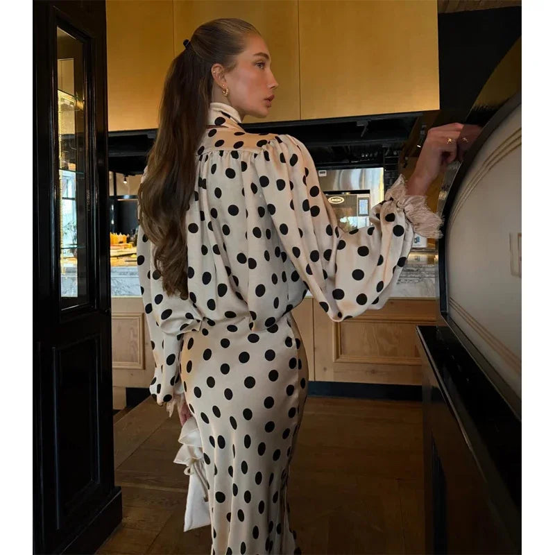 Black Polka Dot V Neck Shirt Skirt 2 Piece Set Elegant Women Long Sleeve Blouses With Scarf Suit 2026 Lady Commucate Outwear