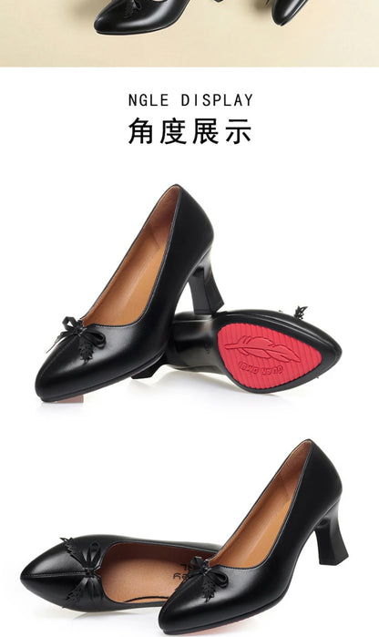 Womens Elegant Bow Decor Block Heel Pumps Smooth Faux Leather Upper Pointed Toe Design Comfort Cushioned Insole NonSlip Outsole