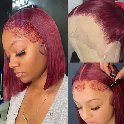 220% Straight Short Bob Human Hair Wig 13x4 Bone Straight Lace Frontal Wigs Burgundy 99J Lace Front Wig For Women 12 14 Inch