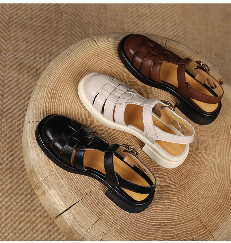 2023 Women Sandals Retro Genuine Leather Luxury Roman Sandals Casual Buckle Strap Summer Shoes GLADIATOR Thick Heel Women Shoes