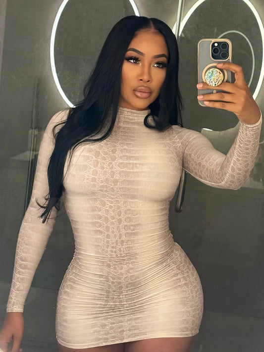 Weird Puss Hottie Snake Pattern Dress Women Winter Trend Full Sleeve Sexy Street Midnight Activity Stretch Skinny Mini Bodycon