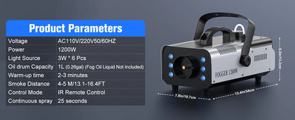 DayFlicker 1200W Fog Machine with RGB 6LEDs Lighting for Play Theater Professional Stage Home Entertainment Halloween Party