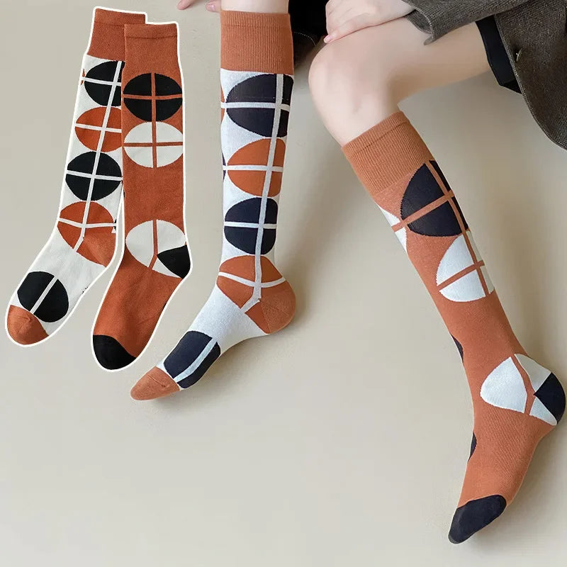 Socks Women's High Tube Calf Knee-length Socks Retro Illustration Art Abstract Street Autumn and Winter Cotton Socks High Sock