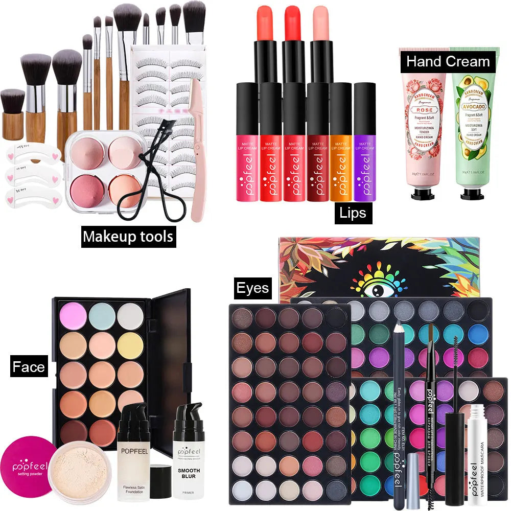 POPFEEL Complete All-in-One Makeup Kit with Brush - Full Face Beauty Set, Berry & Neutral Tones Foundation, Blush, Eyeshadow Pal