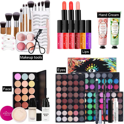 POPFEEL Complete All-in-One Makeup Kit with Brush - Full Face Beauty Set, Berry & Neutral Tones Foundation, Blush, Eyeshadow Pal