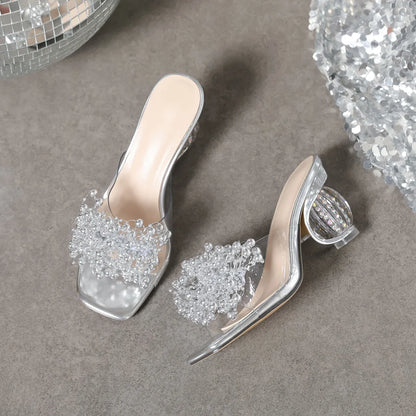 New Women High Heels Water Diamond Flower Sandals with Transparent Thick Bottom Women Shoes Party Dress PVC Slippers Mules Shoes