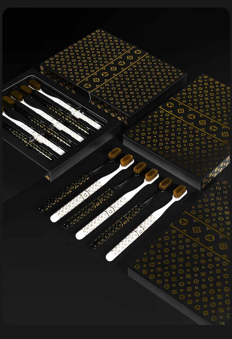 [6-Pcs Gift Boxes] New high-looking black gold printed small head household couple travel soft-bristle toothbrush