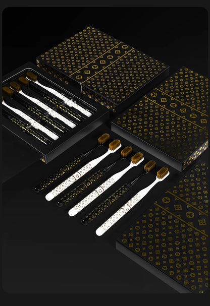 [6-Pcs Gift Boxes] New high-looking black gold printed small head household couple travel soft-bristle toothbrush