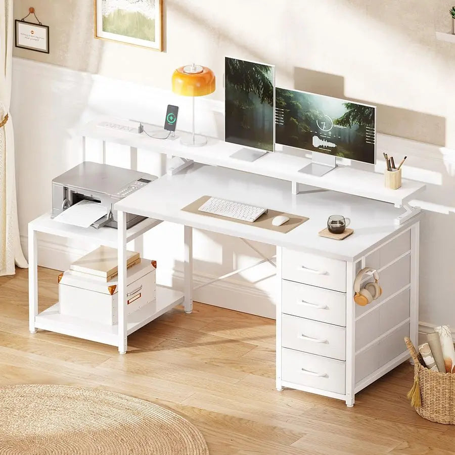 55 Inch Computer Desk with 4 Drawers, Office Desk with Power Outlets, Printer Shelf amp Storage Shelves, Large Writing Study Ta
