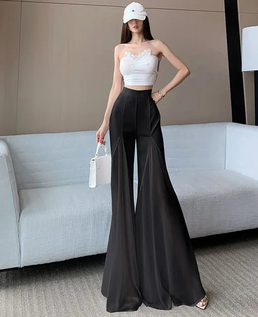 White mesh fishtail flared pants women summer thin design high waist hanging feeling elegant chiffon wide leg casual pants