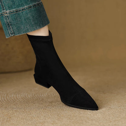 Autumn Vintage Suede Women Ankle Boots Ladies Concise Pointed Toe Thick Heel Short Botas Zapatos De Mujer