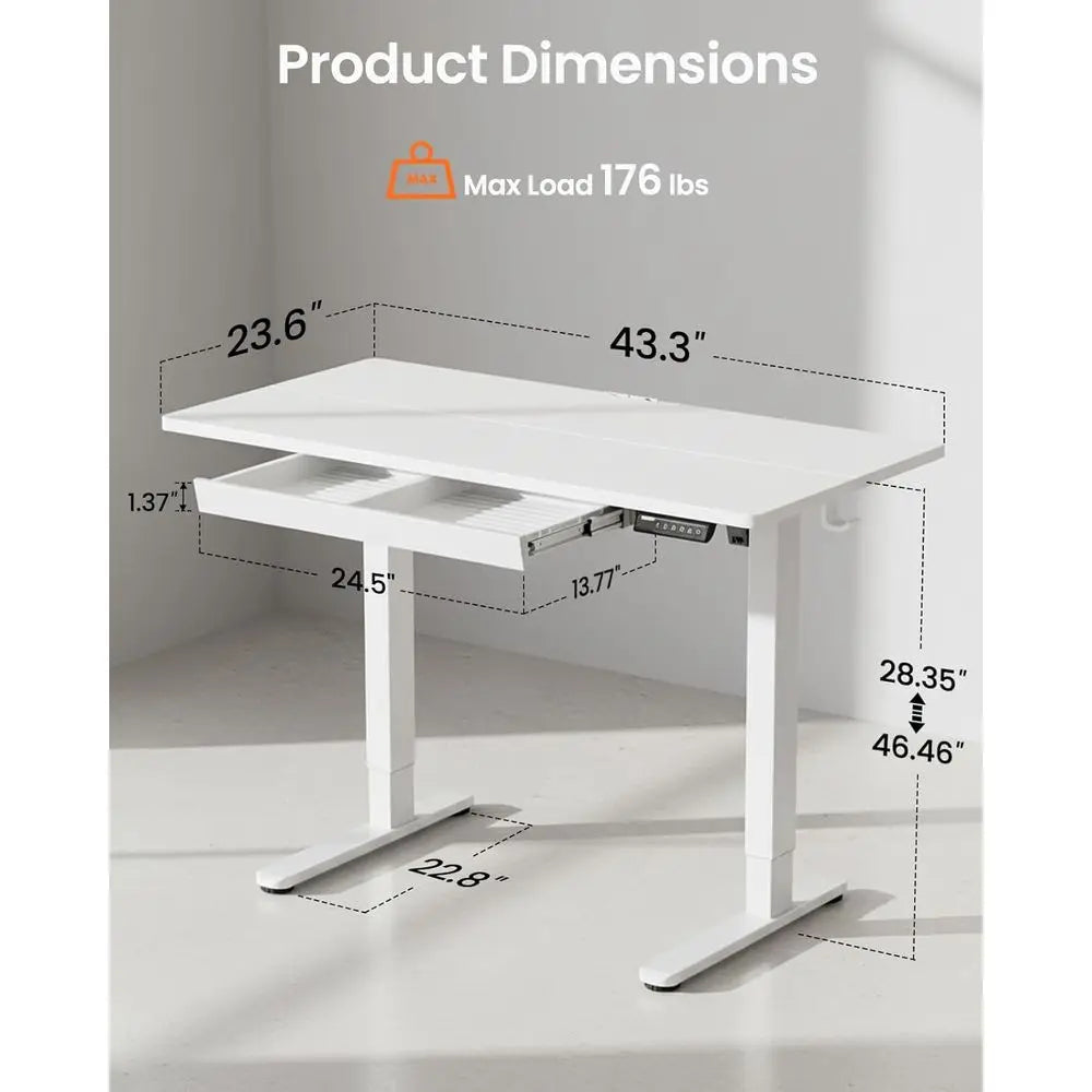 44 Adjustable Height Standing Desk with Storage, 4 Memory Settings, White for Home Office & Computer Work