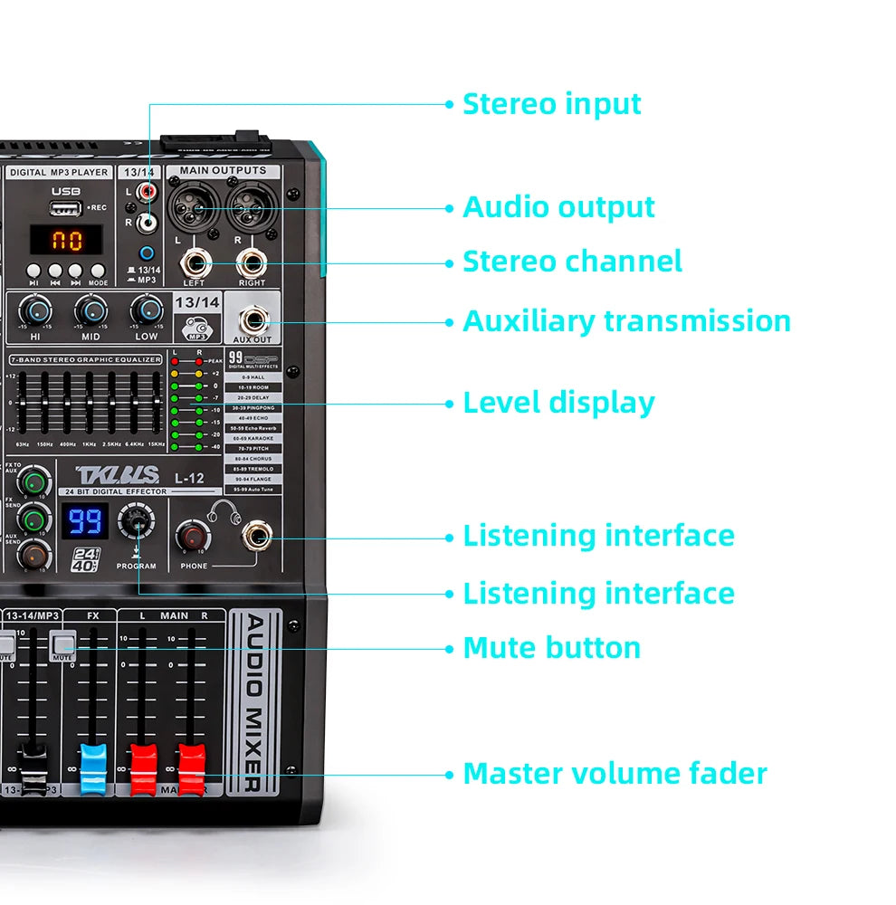 TKLBLS L12 mixer Professional 12 channel USB DJ PC 99 DSP effect  Bluetooth 48V party performance