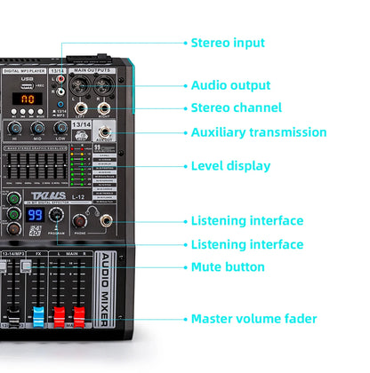 TKLBLS L12 mixer Professional 12 channel USB DJ PC 99 DSP effect  Bluetooth 48V party performance