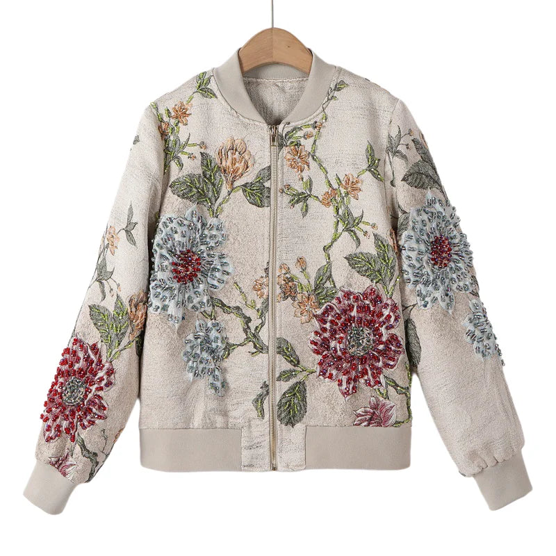 Luxury Beaded Embroidered Jacquard Bomber Jacket Women 2025 New Fashion Casual Chic Baseball Coat Elegant Versatile Outerwear