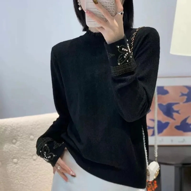 Women Clothes Autumn Winter Fashion Simplicity Lace Patchwork Knitting Half High Collar Female Solid Color Temperament Bottoming