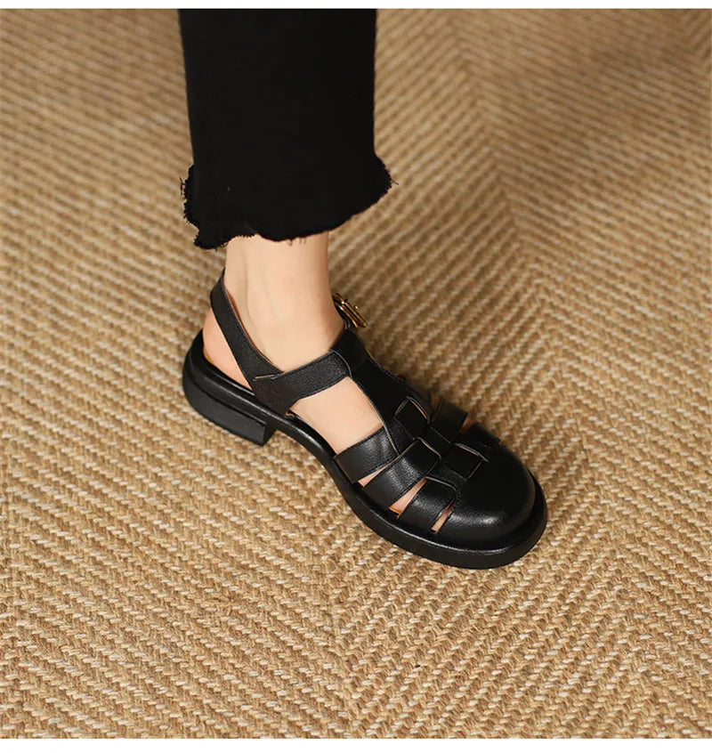 2023 Women Sandals Retro Genuine Leather Luxury Roman Sandals Casual Buckle Strap Summer Shoes GLADIATOR Thick Heel Women Shoes