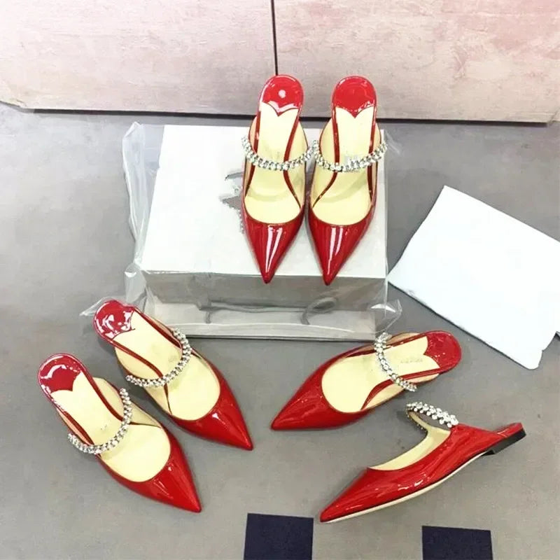 2025 New Fashionable Fine Heeled Muller Shoes with Pointed Water Diamond Chain Banquet Shallow Mouth Women's High Heel Sandals