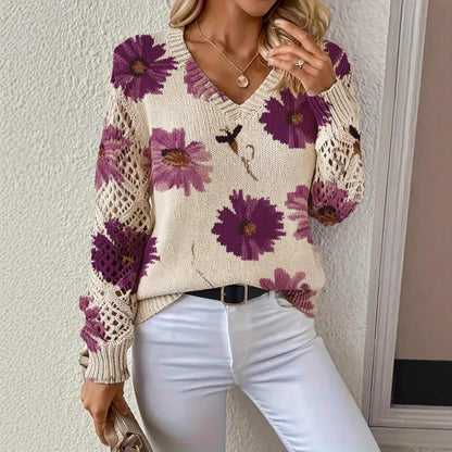V-neck Fashionable Floral Print Cutout Sleeves Bohemian Pullover Sweater Ropa De Invierno Para Mujer Abbigliamento Donna Autunno