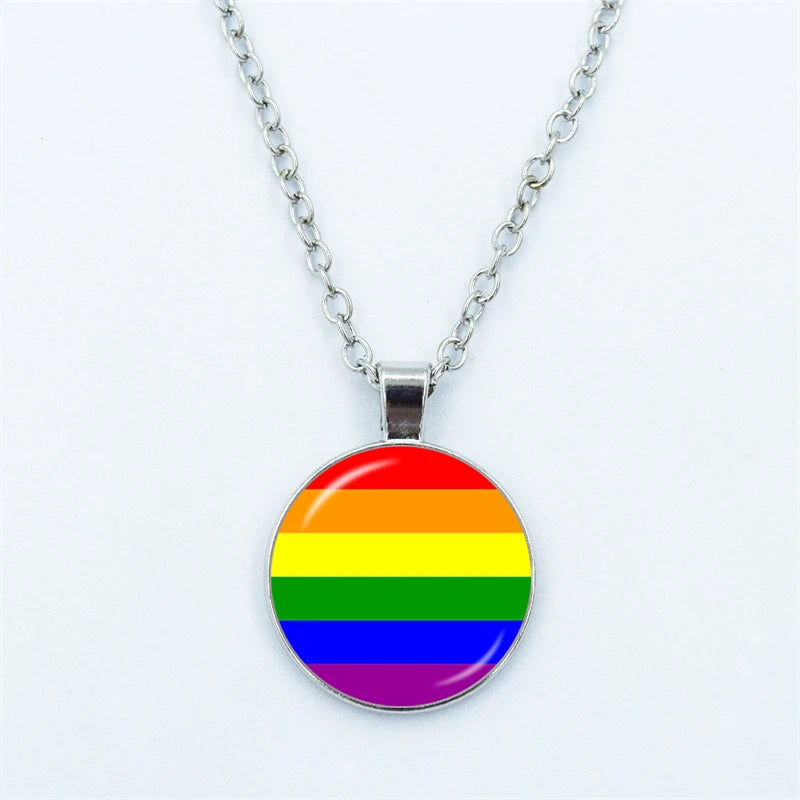 Rainbow Necklace LGBT Lesbian Gay Pride Rainbow Friendly Print Art Pattern Glass Cabochon Pendant Couple Chain Necklace Gift
