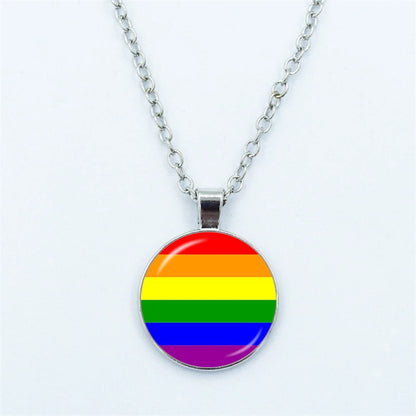 Rainbow Necklace LGBT Lesbian Gay Pride Rainbow Friendly Print Art Pattern Glass Cabochon Pendant Couple Chain Necklace Gift