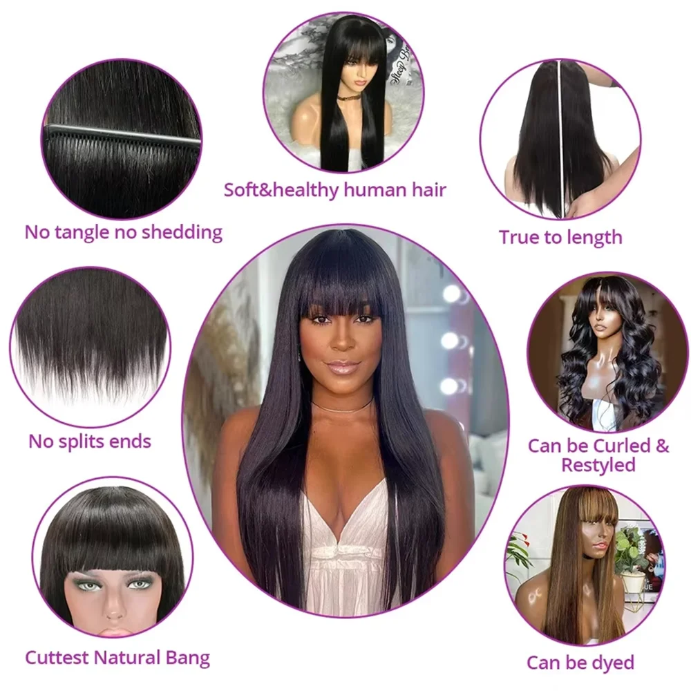 Bone Straight Human Hair Wig With Bangs Fringe Brazilian 3x1 HD Lace Frontal Wigs For Black Women 220% Density 34Inch