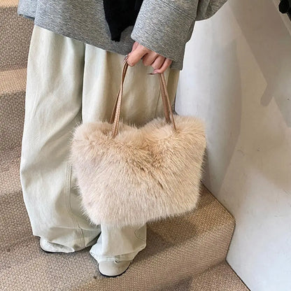 Fahion Faux Fur Tote Bag Women's Bucket Plush Luxury Design Ladies Handbags Winter Crossbody Shoulder Bags