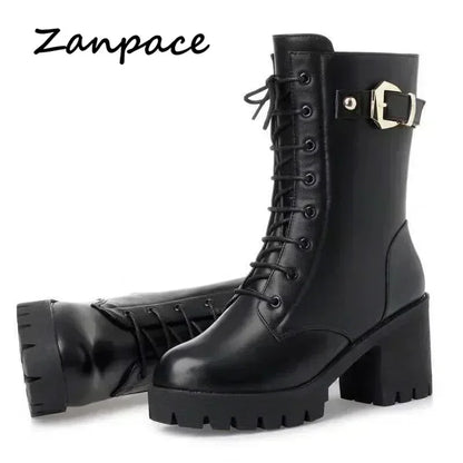2025 Winter Leather Women Winter Boots Thick Wool Warm Women High-heeled Genuine Boot High-quality Female Snow Boots Women Shoes