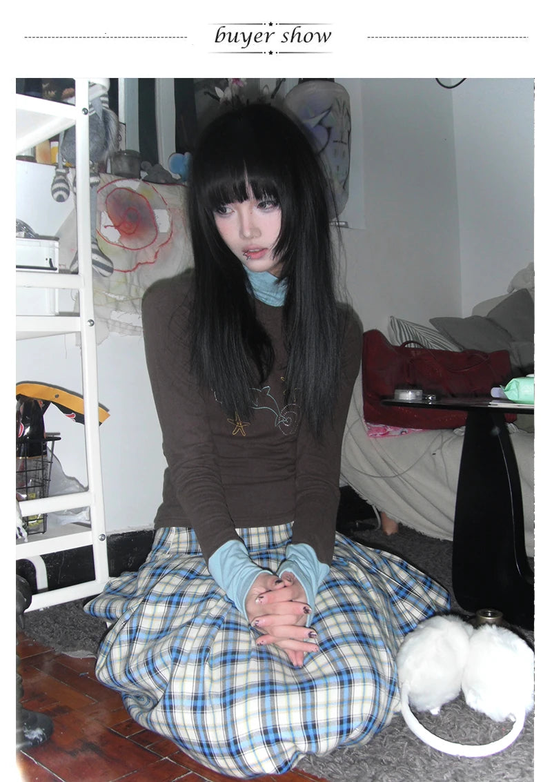 Karrram Japanese Y2k Turtleneck T-shirt Grunge Aesthetics Patchwork Tops Vintage Diamond Print Long Sleeve Tshirt Harajuku 2000s