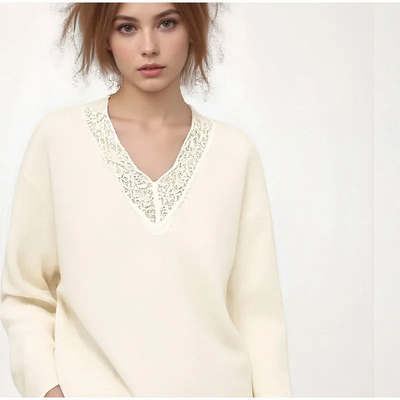 Women Fashion Lace Pullovers Elegant Long Sleeves Chic V-neck Solid Slim Knitwear 2025 Autumn Winter Daily Commute Outerwear