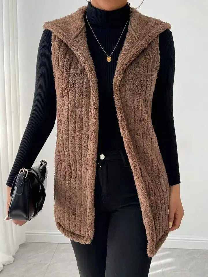 VigoCasey 2025 Autumn Winter Brown Long Thick Vest Coat Woman Sleeveless Plush Warm Waistcoat Lady Hooded Casual Vest Jacket