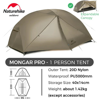 Naturehike Mongar 2 UL/PRO 1-2 Person Backpacking Tent Nylon Waterproof Ultralight Travel Trekking Shelter Tent with Footprint