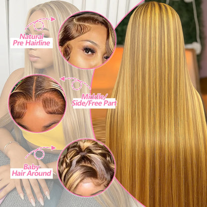 4/27 straight 13x4 Lace Frontal Highlight Wig Human Hair Brazilian 200 Density 30 Inch Ombre Blonde Colored Human Hair Wigs