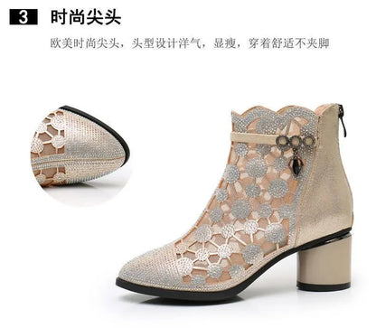 2026 Spring Summer Fashion Rhinestones Gauze Sandals Thick Heels Mesh Autumn Ankle Boots Female Hollow Women's Shoes