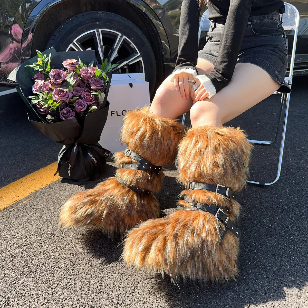 Faux Fur Knee-High Boot Round Toe Height Increasing Wild Winter Warmer Belt Buckle Slip-On Fashion Luxury Sexy Women Shoe Newest