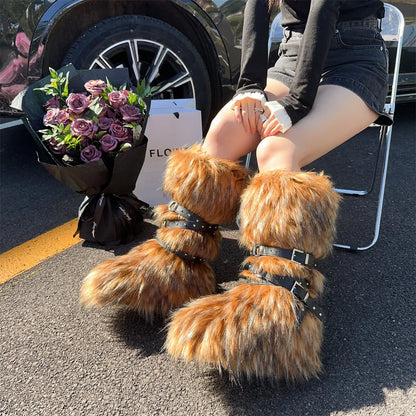 Faux Fur Knee-High Boot Round Toe Height Increasing Wild Winter Warmer Belt Buckle Slip-On Fashion Luxury Sexy Women Shoe Newest