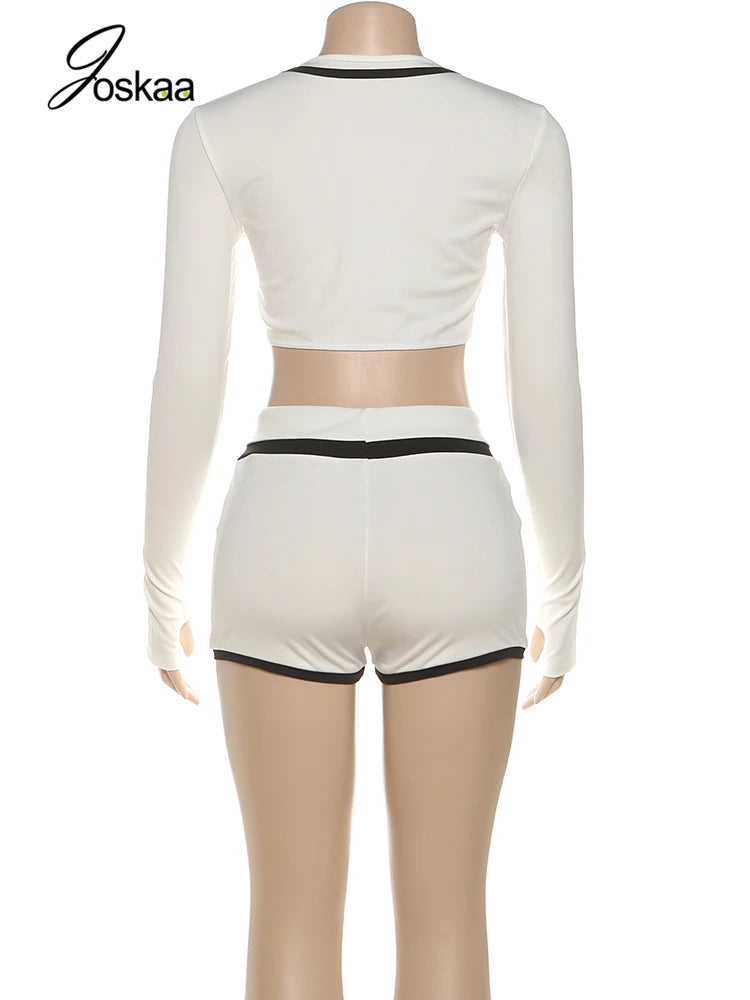 Joskaa 2025 Women's Patchwork Sporty 2 Piece Set Casual Full Sleeve Zip Crop Tops+Shorts Matching Tracksuits Y2k Streetwear