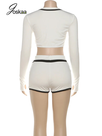 Joskaa 2025 Women's Patchwork Sporty 2 Piece Set Casual Full Sleeve Zip Crop Tops+Shorts Matching Tracksuits Y2k Streetwear