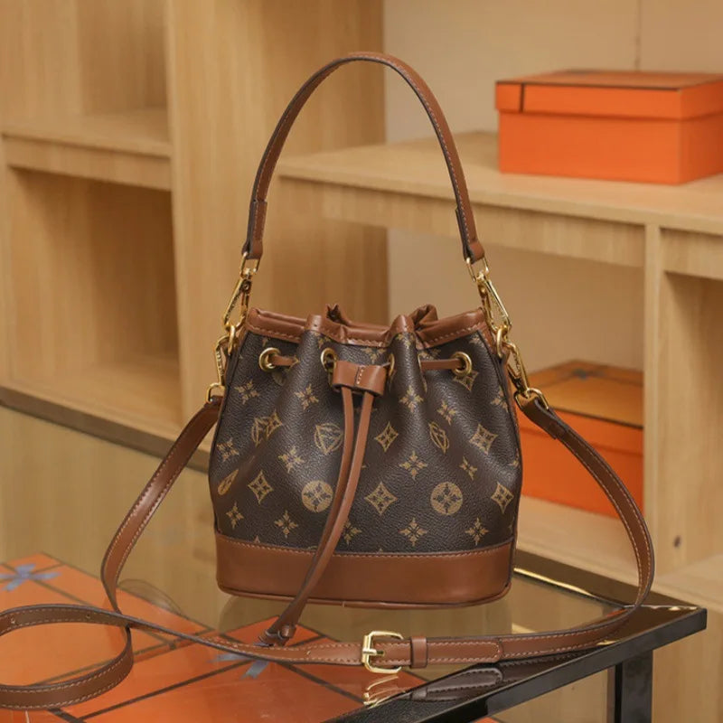 2026 Lady Luxurious Retro Bucket Bag-Shoulder Sling Bag, Backpack, Handbag, Print Drawstring Shoulder bag, Casual Versatile