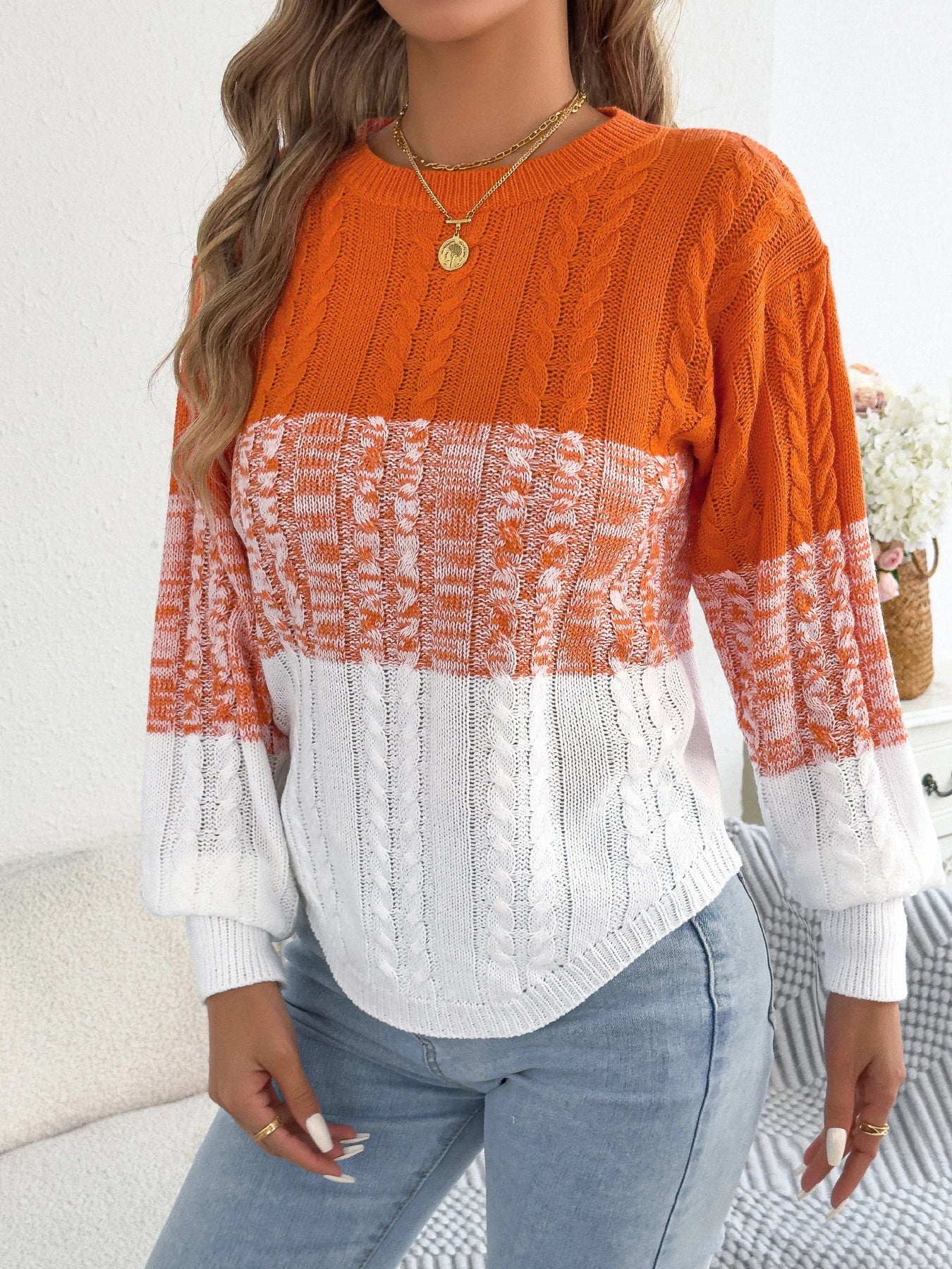 Woman Casual Color Block Striped Sweater Round Neck Lantern Long Sleeve Twist Knitted Tops for 2025 Autumn Winter Women Clothes