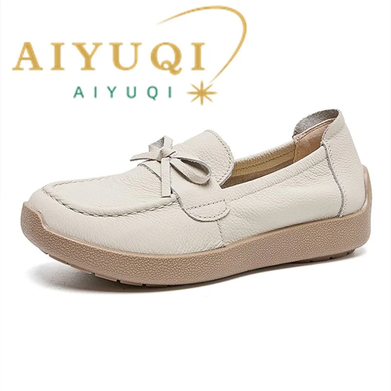AIYUQI Women Bow Genuine Leather Loafers Slip‑on Platform Women Flat Shoes Mother Shoes Ladies Casual Walking Moccasins