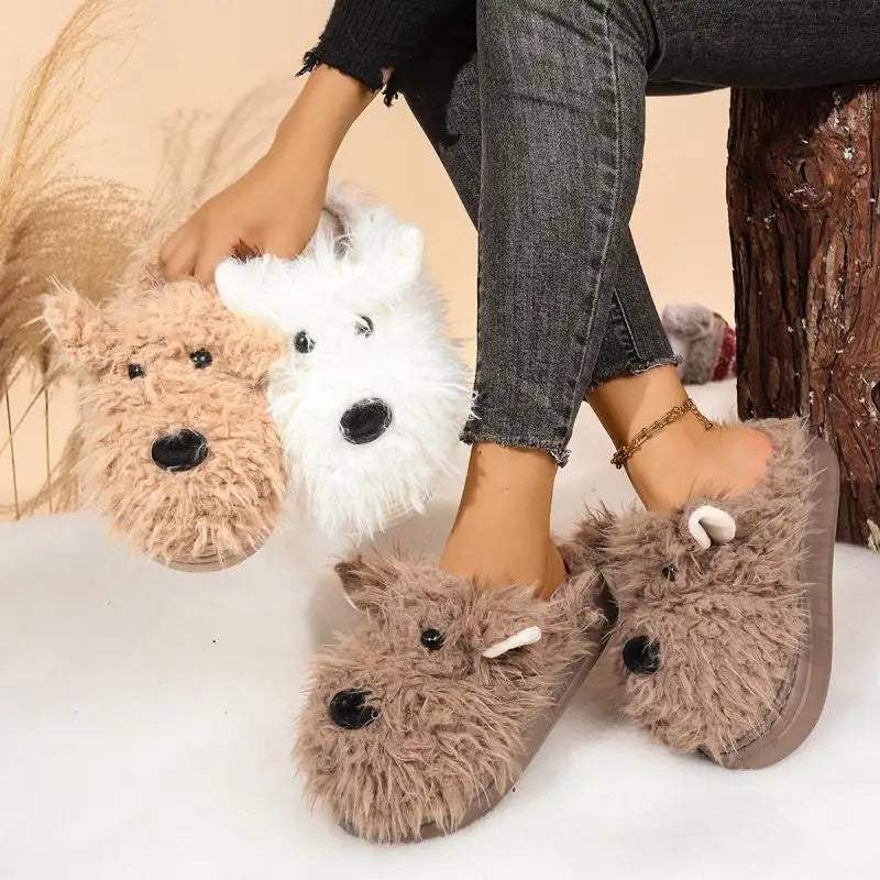 Cartoon Puppy Fluffy Fur Indoor Slippers Women 2025 Winter Thick Bottom Furry Mules Slippers Warm Plush Home Slides for Womon