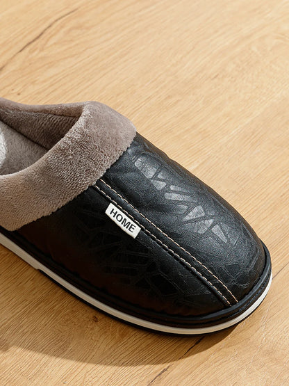 Mens Winter Slippers PU Leather Waterproof Indoor House Shoes Big Size Warm Fur Lined Home Bedroom Slippers