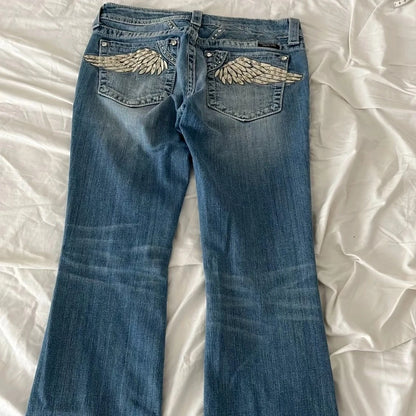 Y2K New Wings Graphic Embroidery Rhinestone Slim Fit Jeans Women Harajuku Sexy Flared Jeans Goth Light Blue Denim Trousers Pants