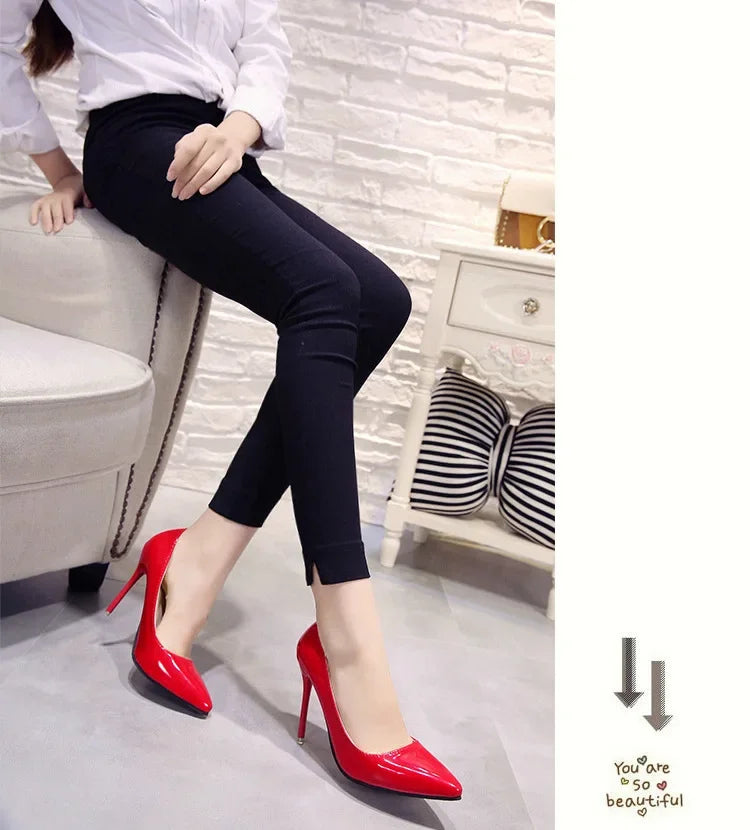 Nude Pumps for Women High Heel Shoes Female Fashion Patent Leather Sexy Pointed Toe Thin Heel Wedding Shoes Plus Size 34-44