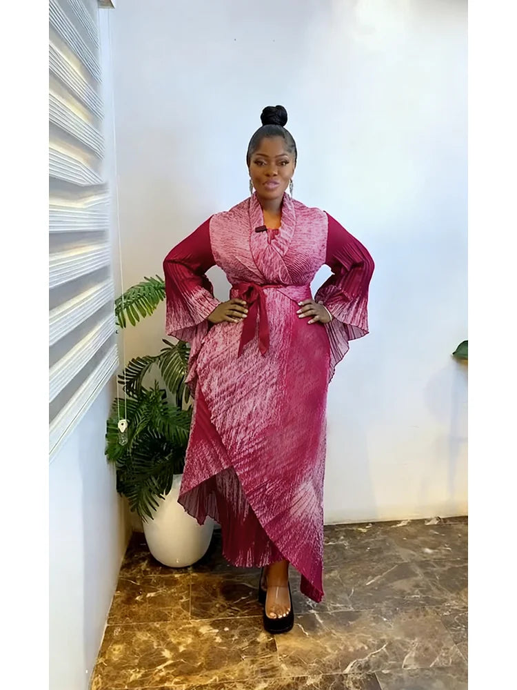 EGRM Miyake Pleated Robe Plus Size Women's Dresses Sets Fashion Strapless Skirt Cardigan Trench Coat Party Dress 2-Piece Set